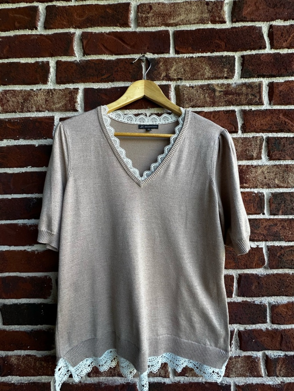 Adrianna Papell Taupe Knit Top with White Lace Trim